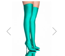 Load image into Gallery viewer, Green Thigh High Stiletto Boot
